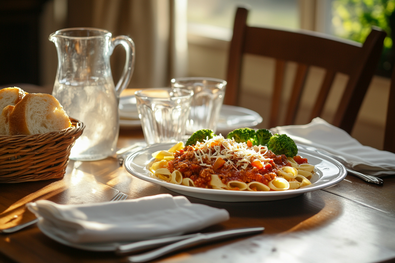 Family dinner served on a Tuesday evening: pasta with tomato sauce, ground meat and steamed vegetables on a simple wooden table