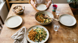 table of four showing a young kid waiting to be served dinner, chickpeas, quinoa and zucchini's