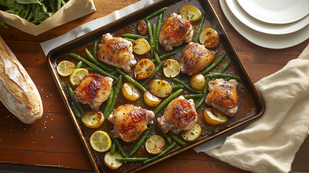 Sheet-pan dinner with Greek chicken thighs, lemon potatoes and green beans ready to serve on a Tuesday evening