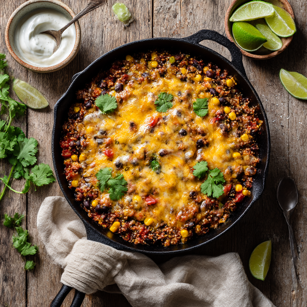 Smoky black bean and quinoa skillet with melted cheese, top-down