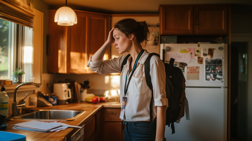 Working mother standing in front of an open fridge at 6:45 PM after a long workday, the moment of dinner panic
