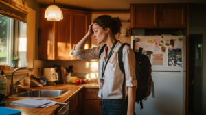 Working mother standing in front of an open fridge at 6:45 PM after a long workday, the moment of dinner panic