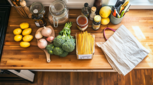 Family kitchen counter with weekly grocery items: pasta, canned beans, vegetables and a meal planning list for weeknight dinners